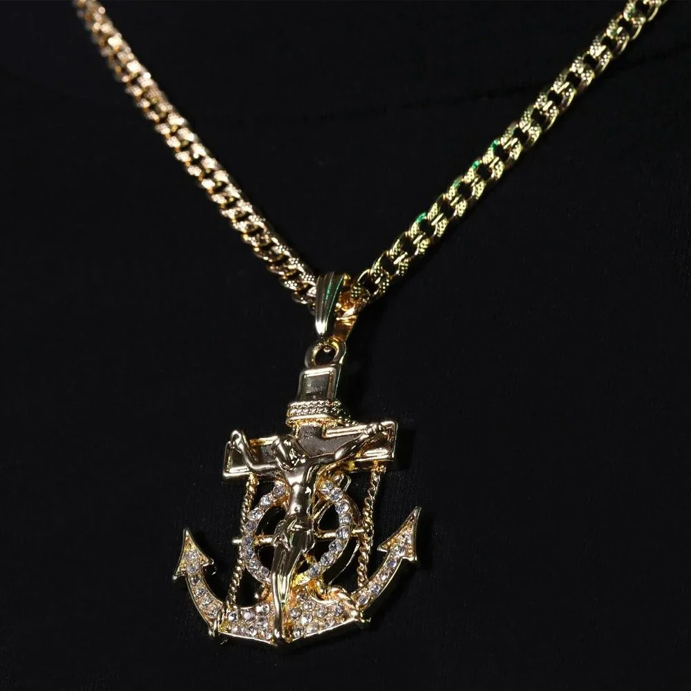 14k Gold Jesus Anchor Pendant + Necklace